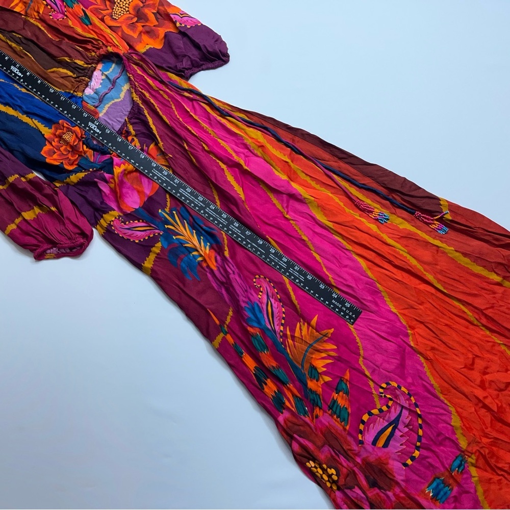 FARM Rio Floral Midi Dress Size XS Long Sleeve Vibrant Red Orange Blue Viscose - Picture 10 of 16